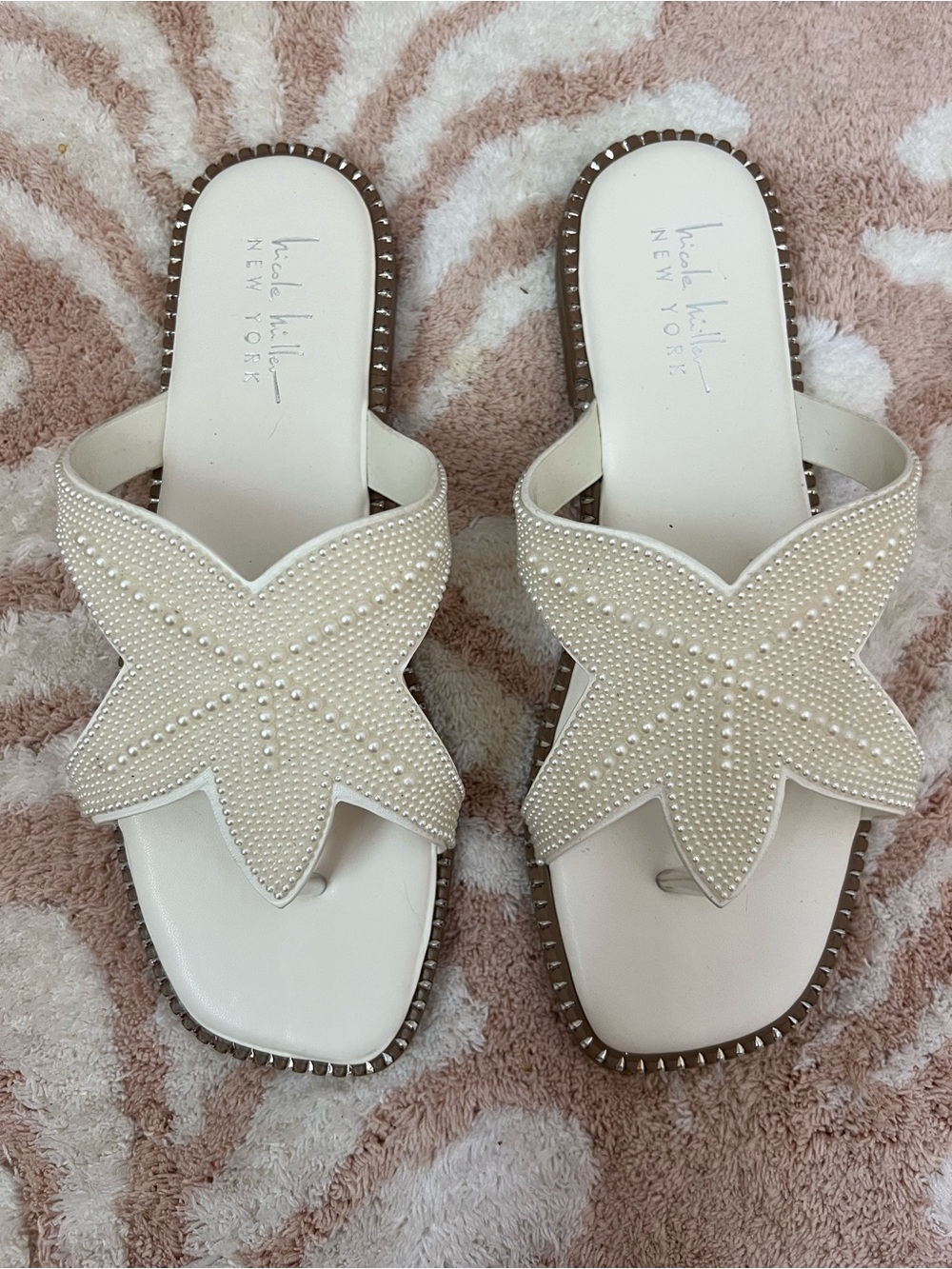 Nicole Miller Cream Starfish Pearl-Embellished Slide Sandals